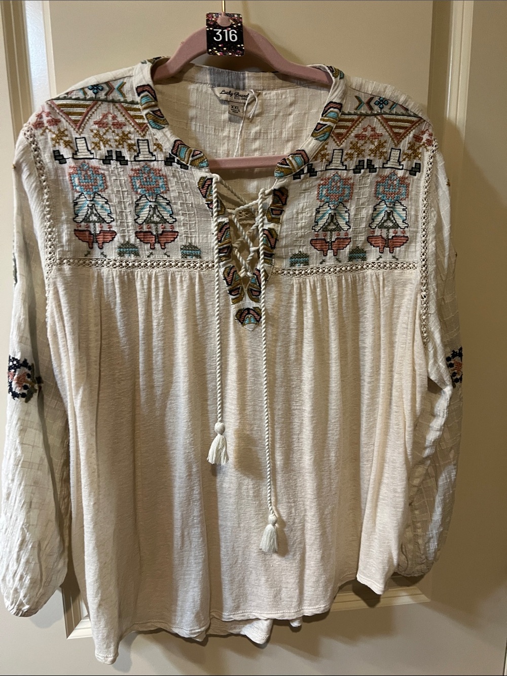 Lucky Brand Cream Boho Embroidered Peasant Tunic